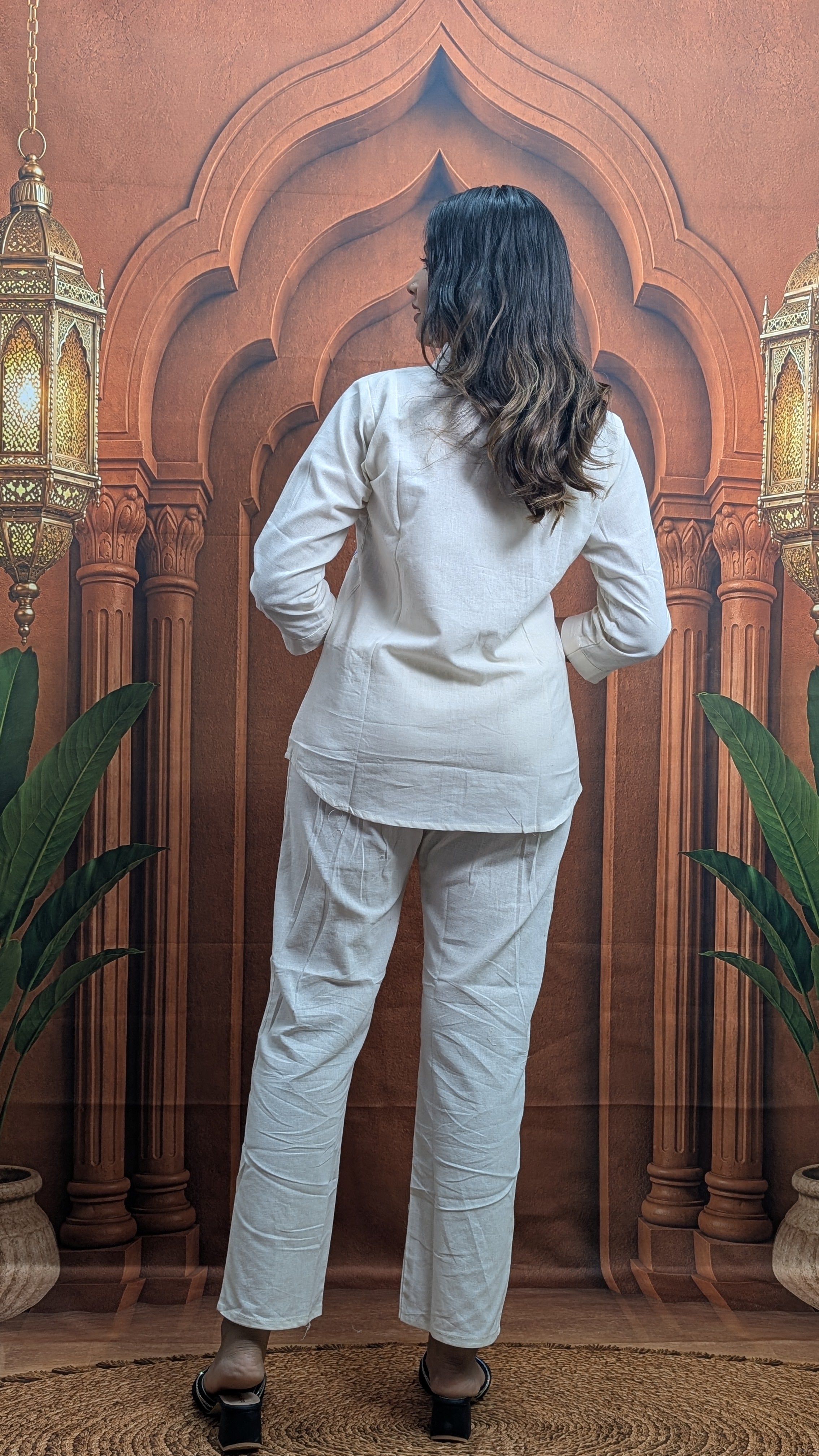 Blue Embroidered White Khadi Cotton Co-Ord Set for Women Back View in Pure Khadi Cotton Fabric

Close Up Image