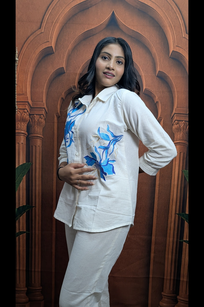 Blue Embroidered White Khadi Cotton Co-Ord Set Close Up Showing Pure Khadi Cotton Fabric