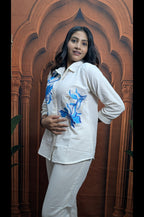 Blue Embroidered White Khadi Cotton Co-Ord Set Close Up Showing Pure Khadi Cotton Fabric