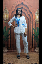 Blue Embroidered White Khadi Cotton Co-Ord Set for Women Front View in Pure Khadi Cotton Fabric