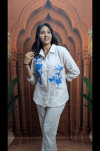 Blue Embroidered White Khadi Cotton Co-Ord Set Blue Embroidery Work Detail on Pure Khadi Cotton Fabric