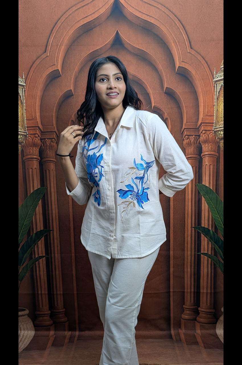 Blue Embroidered White Khadi Cotton Co-Ord Set Blue Embroidery Work Detail on Pure Khadi Cotton Fabric