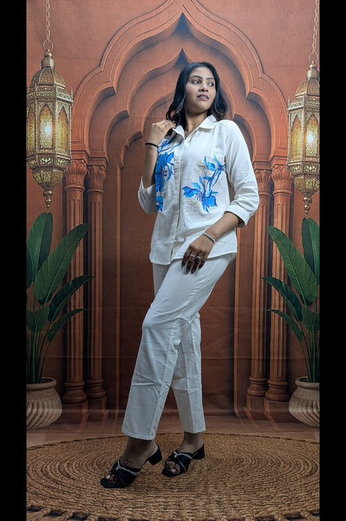 Blue Embroidered White Khadi Cotton Co-Ord Set Pure Khadi Cotton Fabric Detail for Women