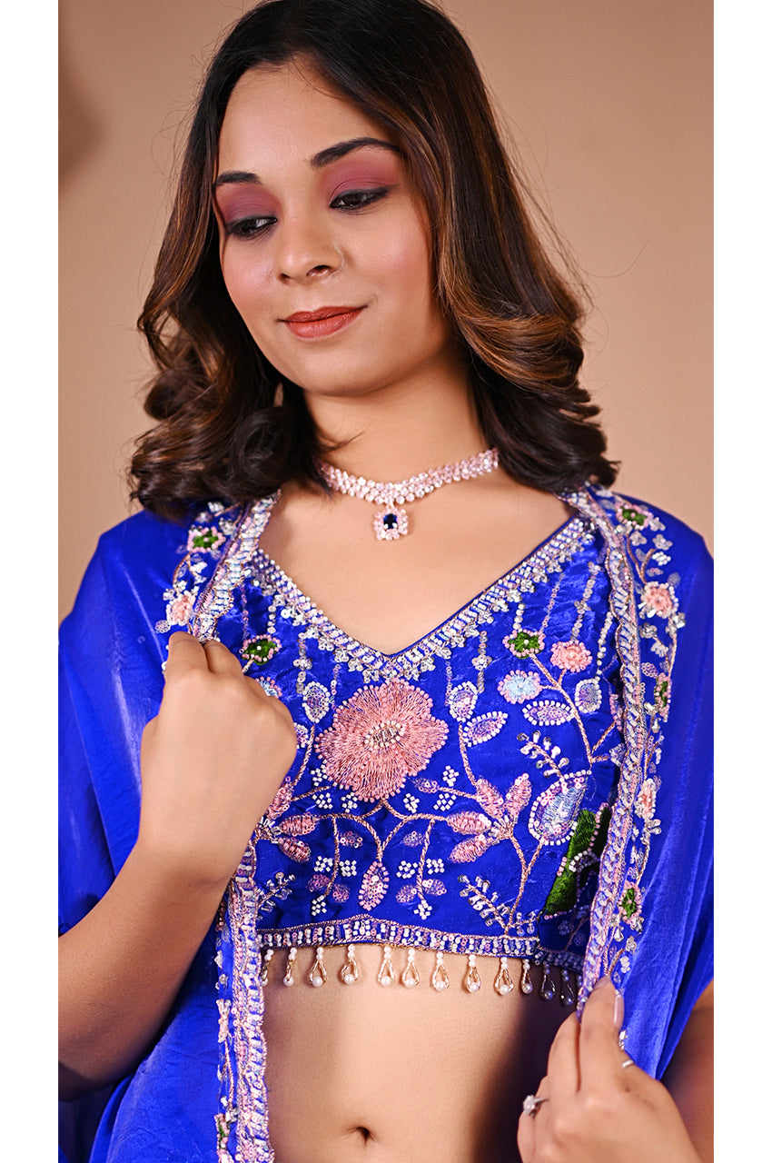 Blue indo western lehenga set blouse design with beads work and premium fabric for celebrity style look