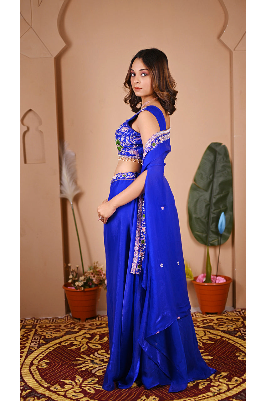 Blue indo western lehenga set side look with elegant drape and modern ethnic style for party wear