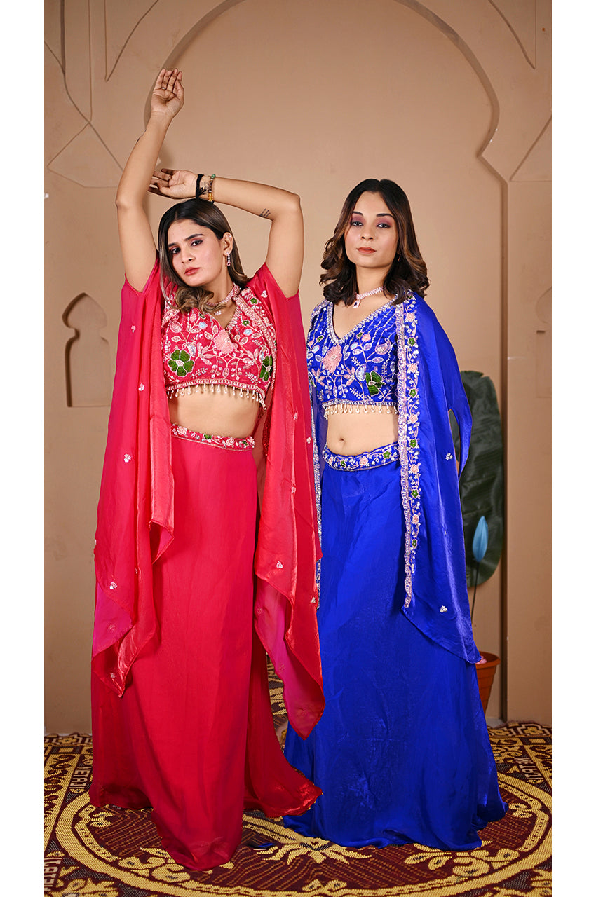 Pink and blue indo western lehenga set full look with designer blouse and flowy lehenga for festive wear