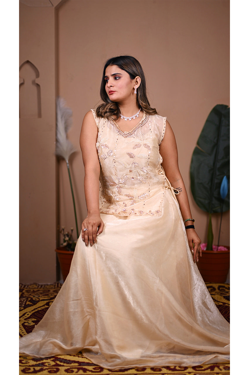 Elegant Cream Indo Western Lehenga Set for Women Front View for Wedding and Party Wear