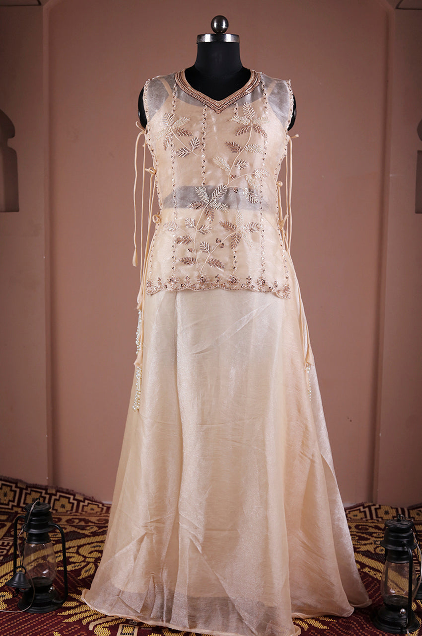 Real Full Look of Cream Indo Western Lehenga Set for Women Stylish Wedding and Party Wear Outfit