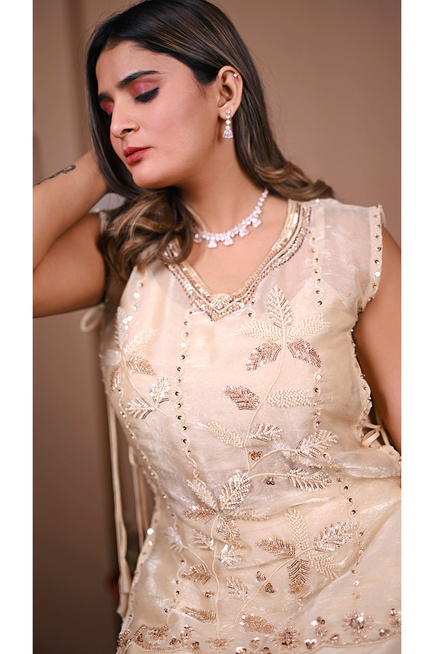 Top Detail of Cream Indo Western Lehenga Set for Women High-Quality Beads Work Wedding Wear