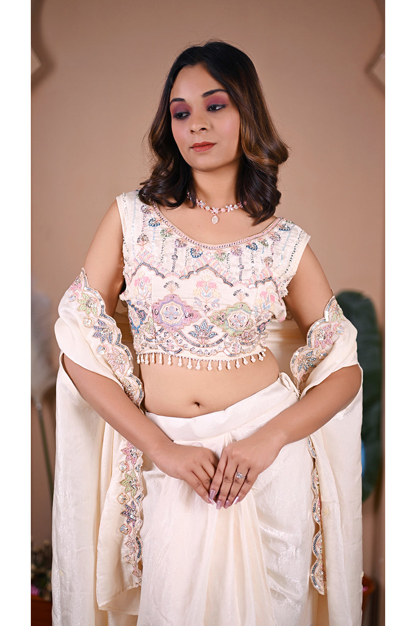 Cream indo western skirt set blouse detail with beads work designer festive wear for women