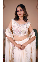 Cream indo western skirt set blouse detail with beads work designer festive wear for women