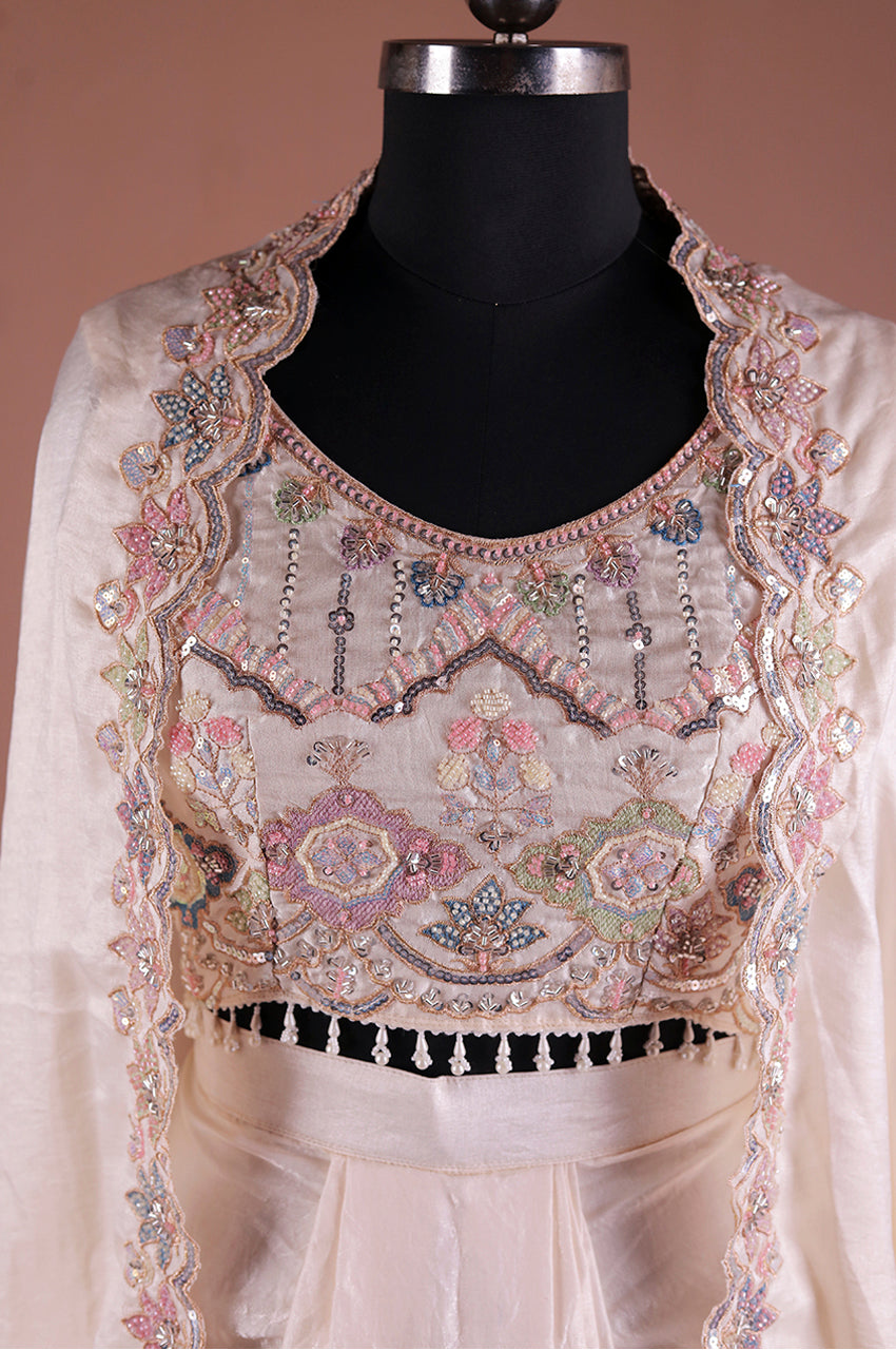 Cream indo western skirt set blouse real look stylish designer festive wear outfit for women