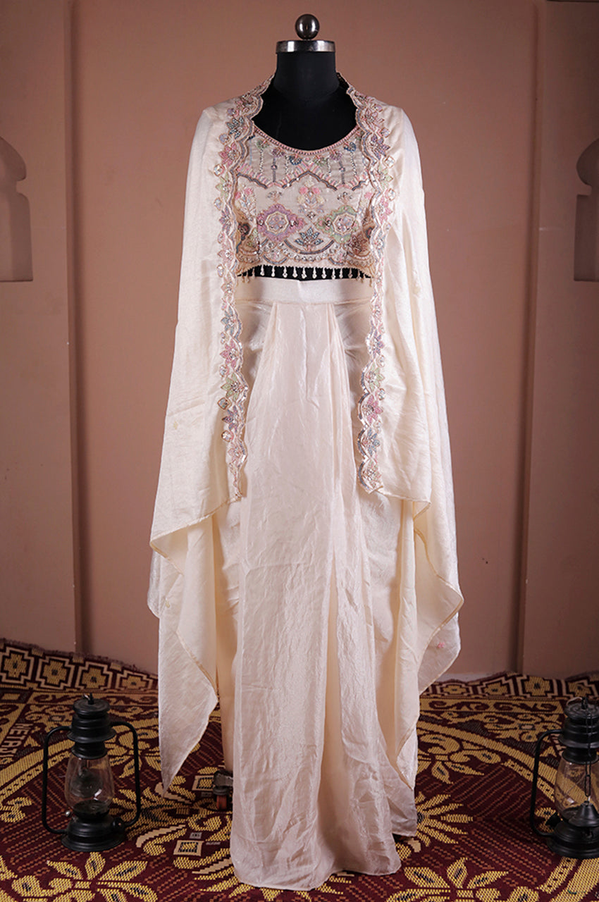 Cream indo western skirt set real look stylish ethnic party wear outfit for women