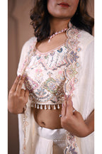 Cream indo western skirt set shrug look for women trendy ethnic festive and party wear outfit