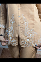 Modern Dark Cream Embroidery Co-Ord Set embroidery work closeup on premium Royal Siffon fabric