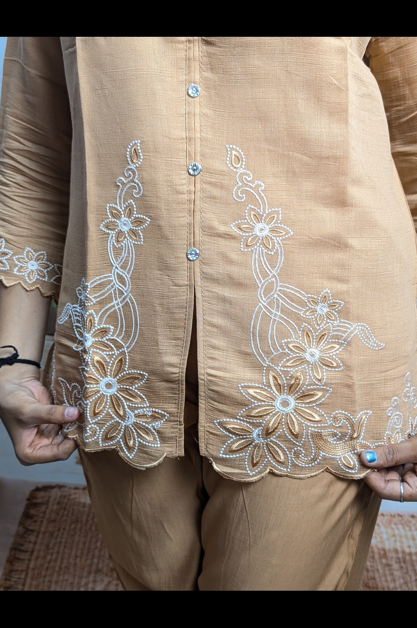 Modern Dark Cream Embroidery Co-Ord Set embroidery work closeup on premium Royal Siffon fabric