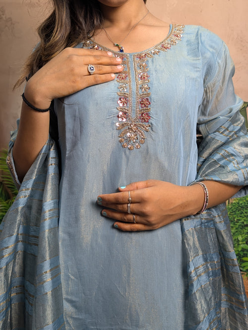 Premium dark firozi beads work closeup on Mal Simmer fabric with elegant designer detailing
