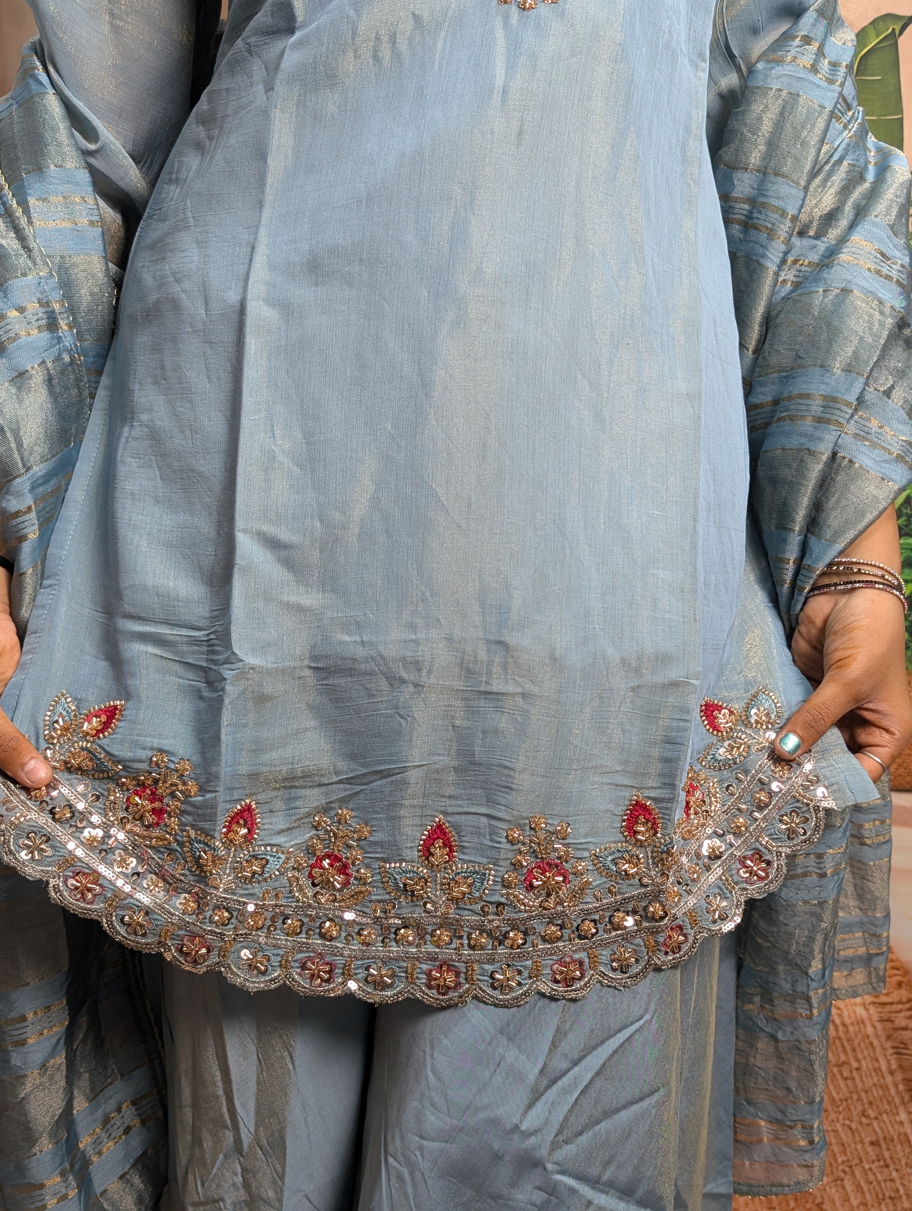 Premium designer dark firozi beads work daman view on Mal Simmer fabric with elegant ethnic craftsmanship