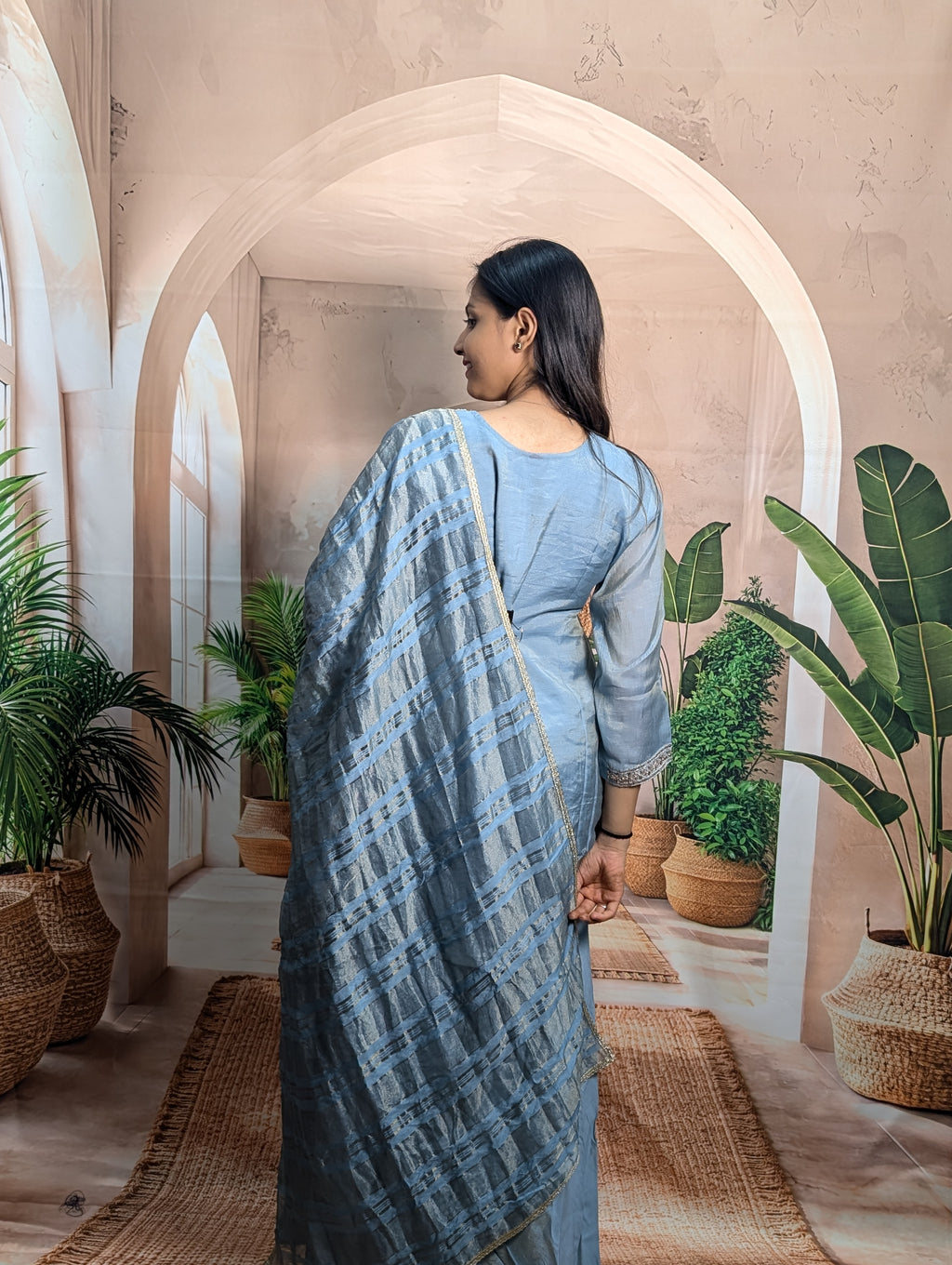 Premium designer dark firozi beads work palazzo suit back view for women with graceful ethnic fashion look