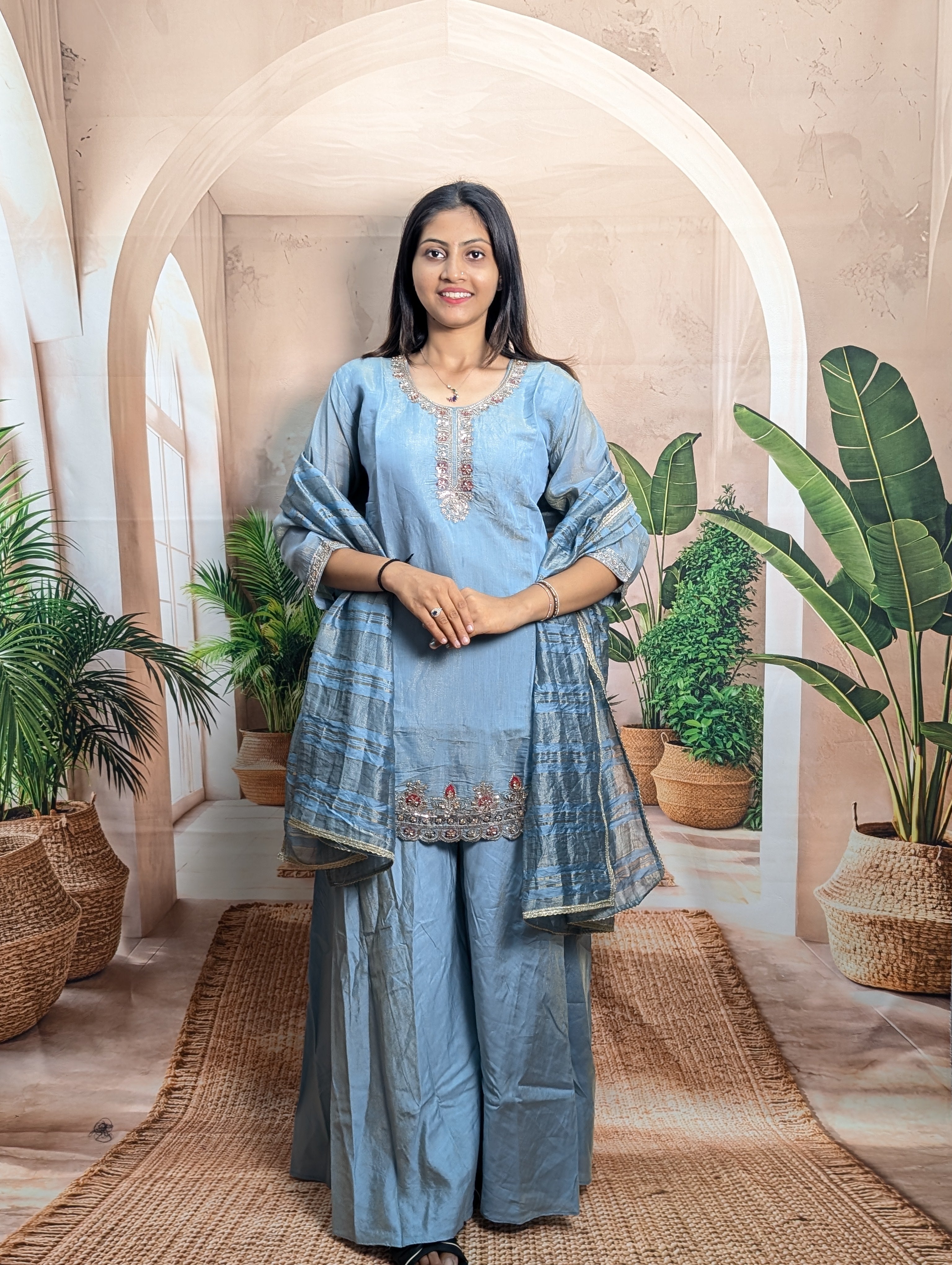 Premium designer dark firozi beads work palazzo suit for women in elegant simmer fabric with ethnic styling