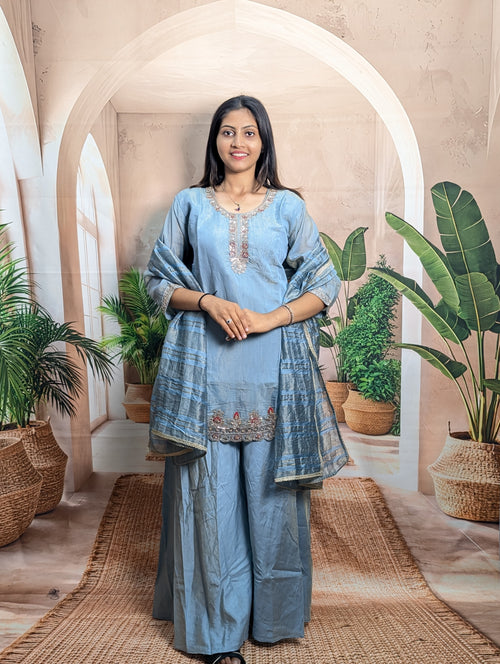 Premium designer dark firozi beads work palazzo suit for women in elegant simmer fabric with ethnic styling