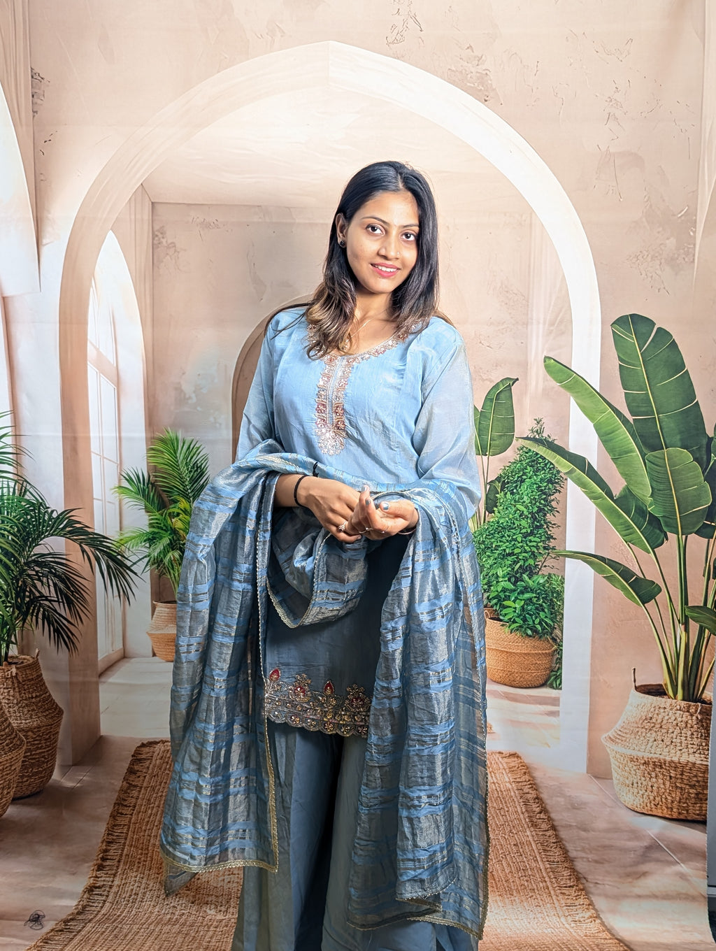 Premium designer dark firozi beads work palazzo suit full view for women with elegant festive look