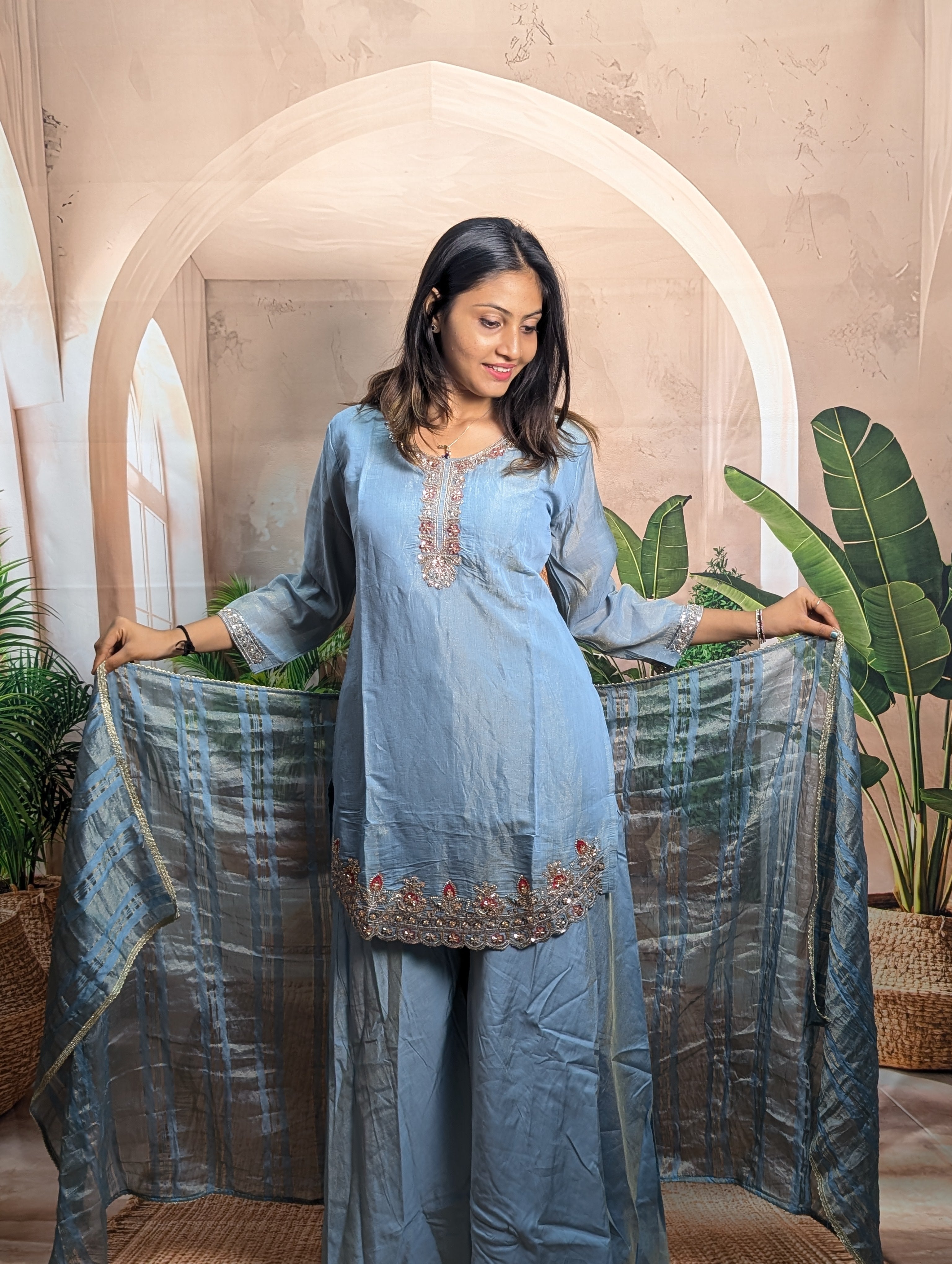 Premium designer dark firozi beads work palazzo suit side view for women with stylish traditional wear