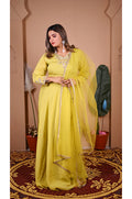 Parrot green designer gown pant dupatta look for women elegant ethnic outfit for wedding and festive wear