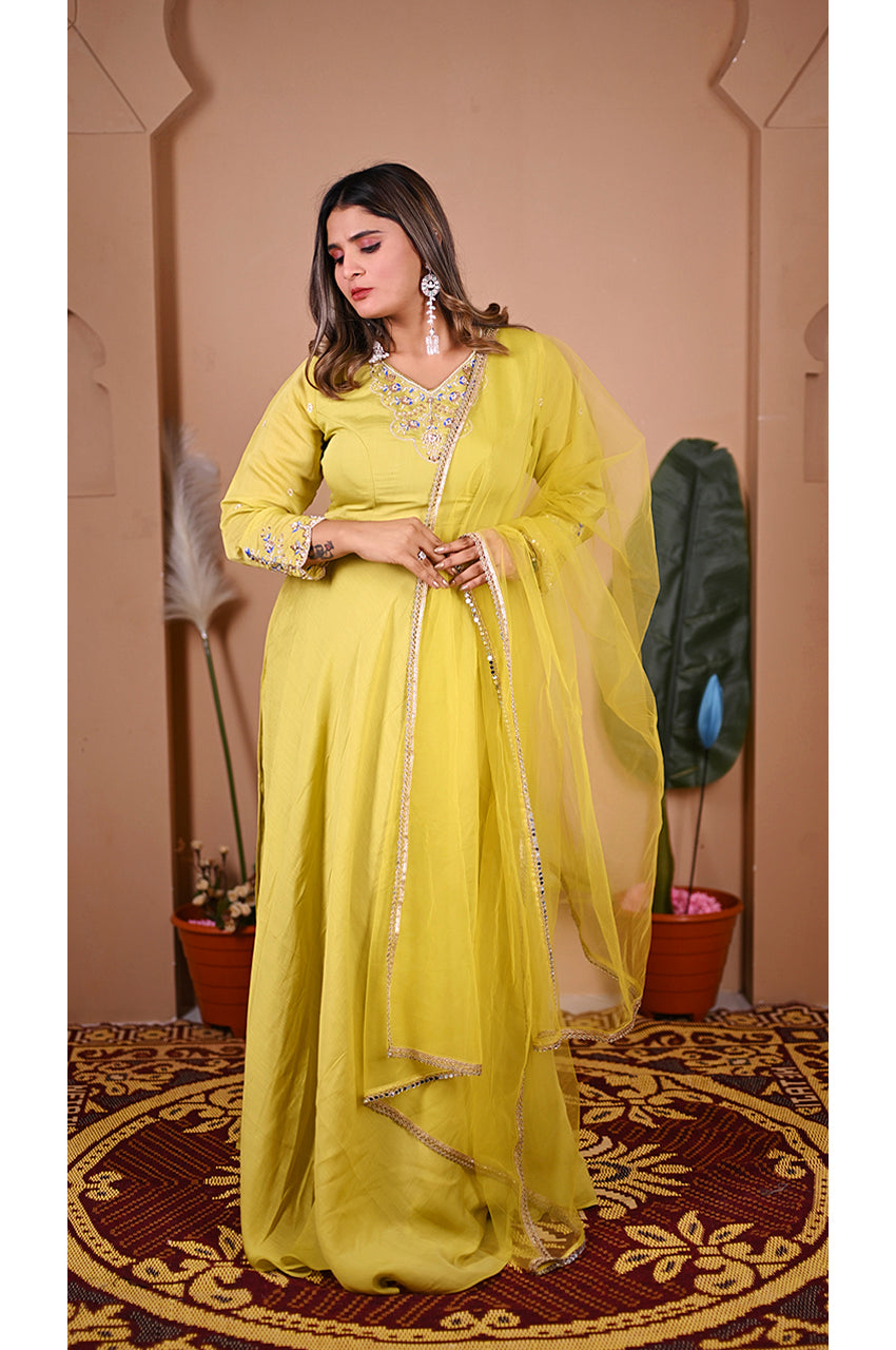 Parrot green designer gown pant dupatta look for women elegant ethnic outfit for wedding and festive wear