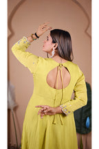 Parrot green designer gown pant set back view for women elegant ethnic wear for wedding and festive look