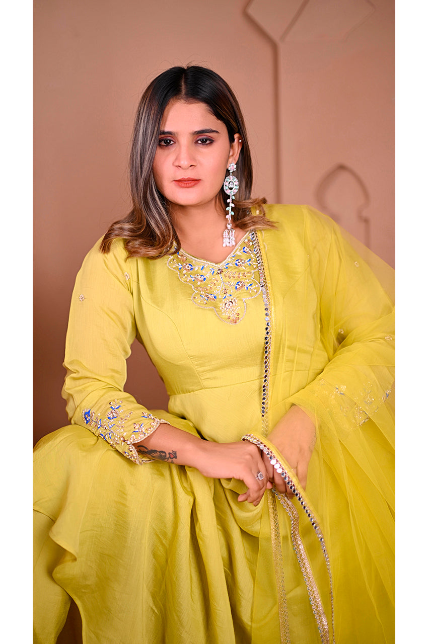 Parrot green designer gown pant set front view for women stylish ethnic outfit for festive and party wear