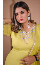 Parrot green designer gown pant set neck work detail for women with elegant design and ethnic style