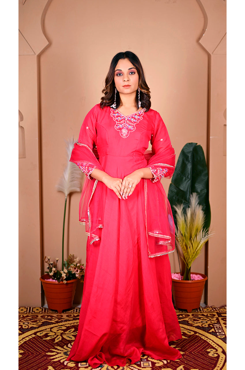 Pink designer gown pant dupatta look for women stylish ethnic outfit for wedding and festive wear
