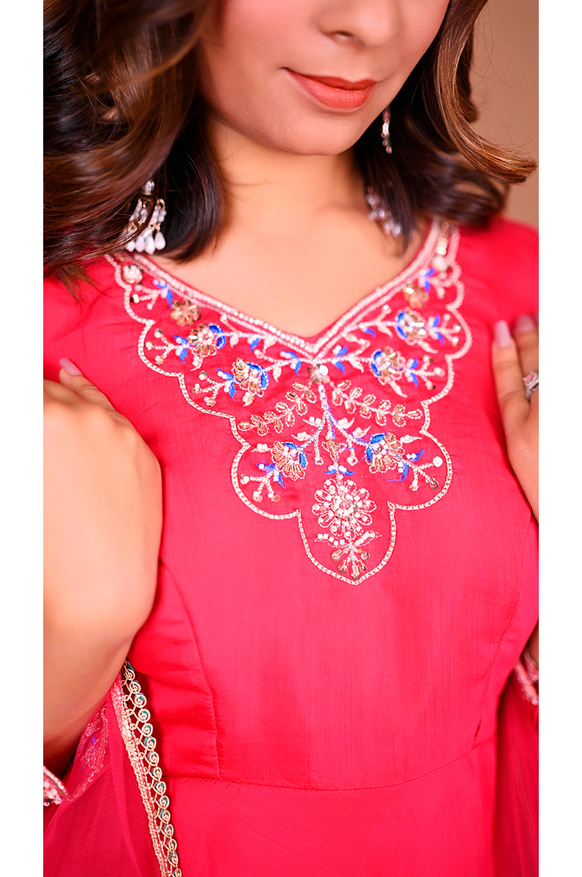 Pink designer gown pant set neck work detail for women with elegant design and premium ethnic style