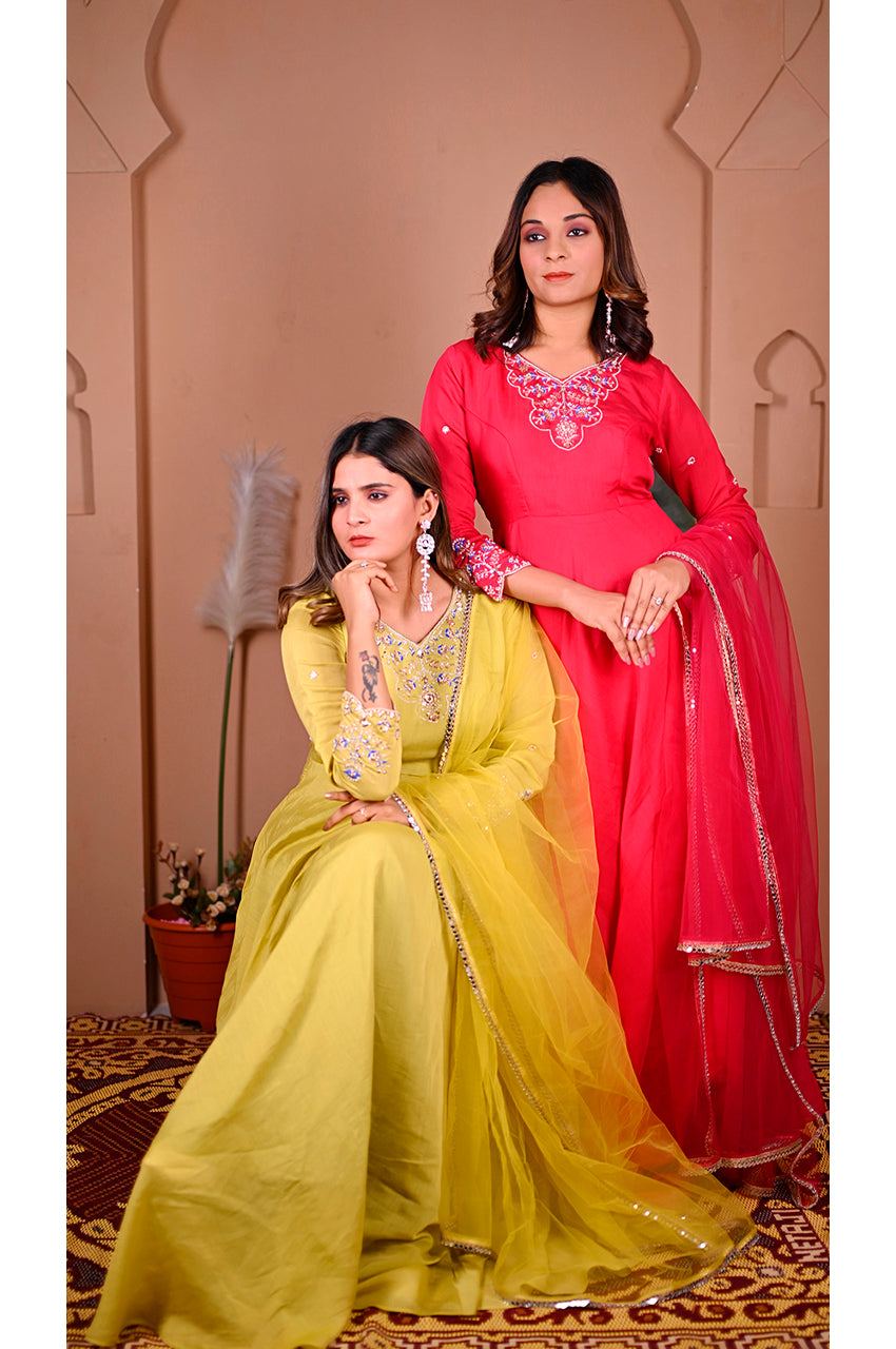 Parrot Green with Pink Designer Gown Pant Set full look for women trendy ethnic wedding festive wear