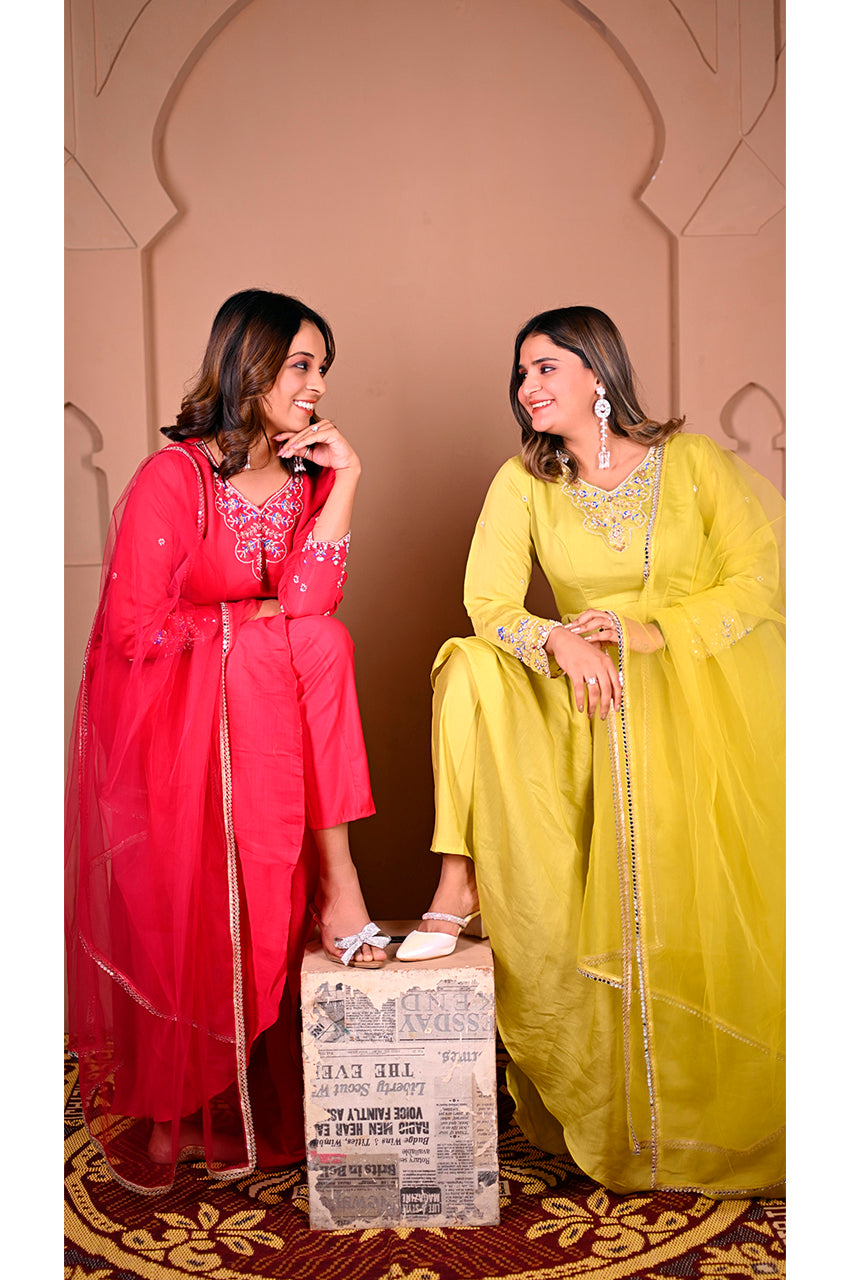 Pink and parrot designer gown pant set pant fabric detail for women premium ethnic wear with soft fabric