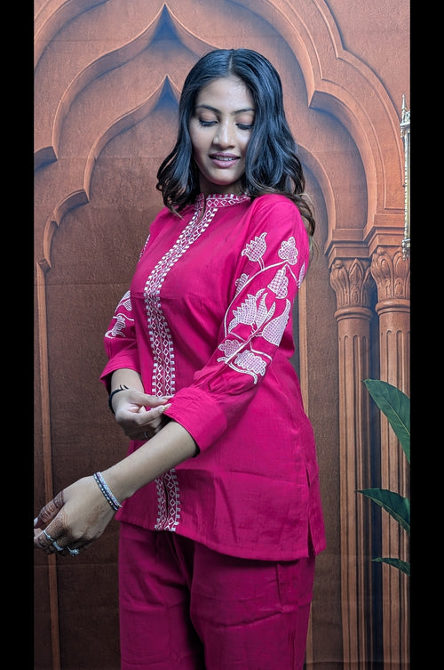 Designer Pink Vartican Embroidered Co-Ord Set Close Up Showing Premium Vartican Fabric and Heavy Embroidery