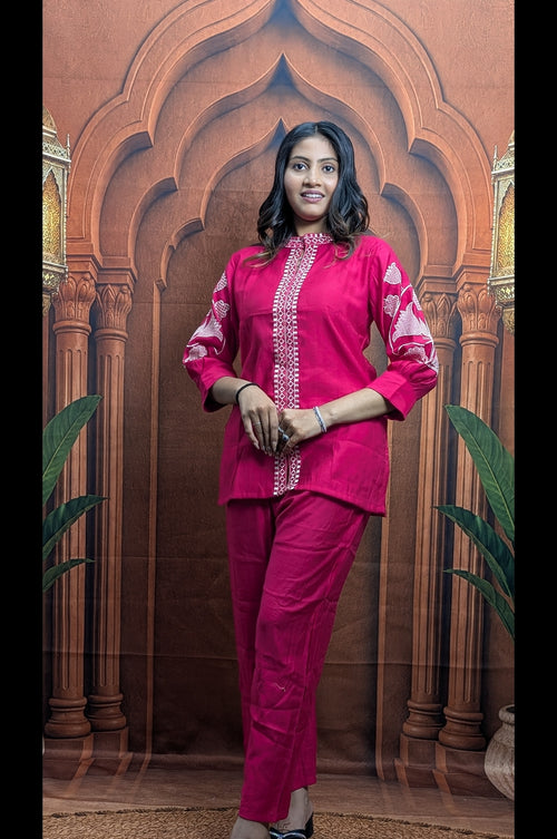 Designer Pink Vartican Embroidered Co-Ord Set Premium Vartican Fabric Detail for Women Fully Stitched