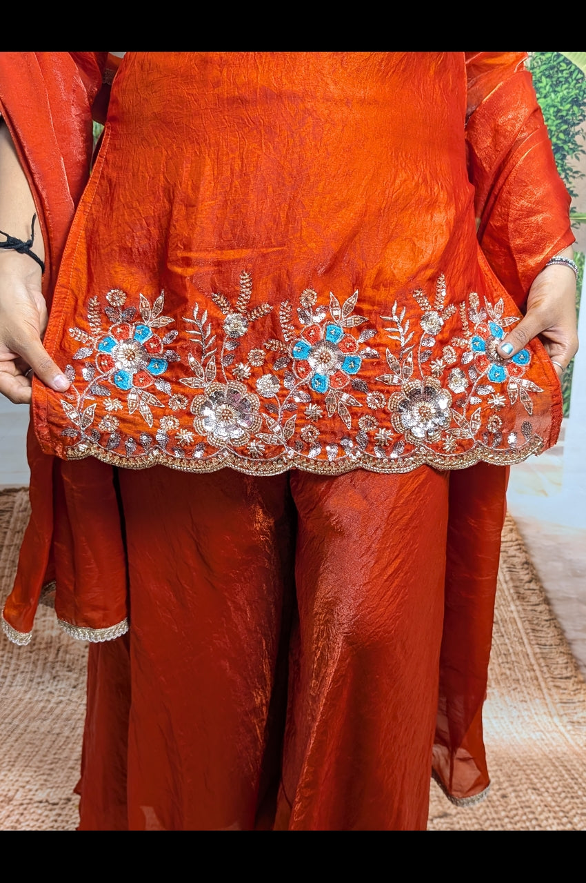 Rust Orange Designer Palazzo Set Daman Close Up Showing Heavy Beaded Embroidery Work Detail