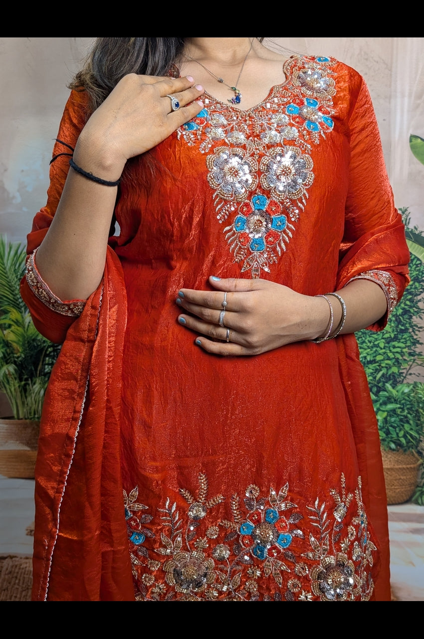 Close Up View of Heavy Beaded Embroidery Work on Rust Orange Palazzo Set