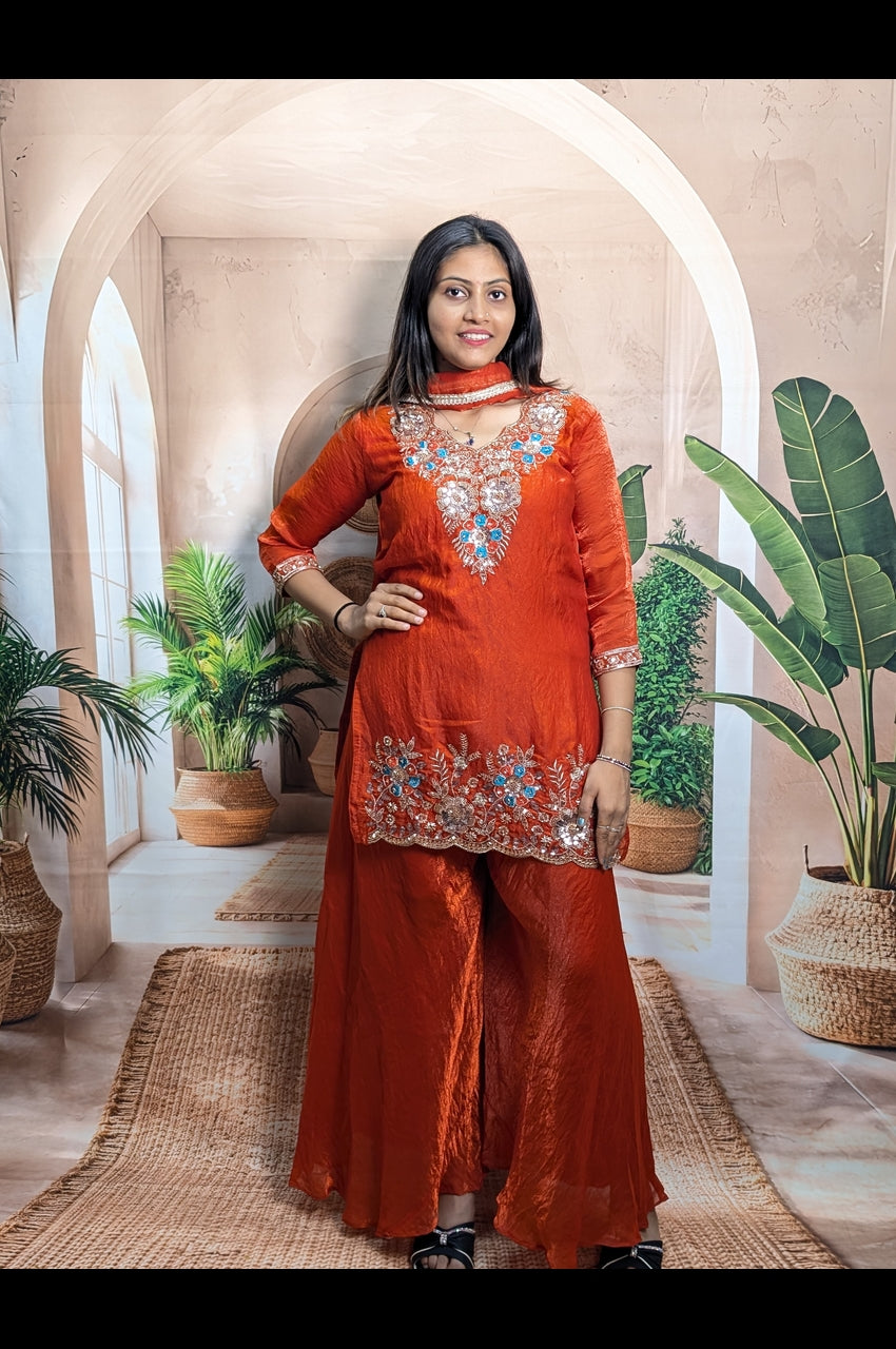 Rust Orange Designer Palazzo Set with Heavy Beaded Work Front View for Women
