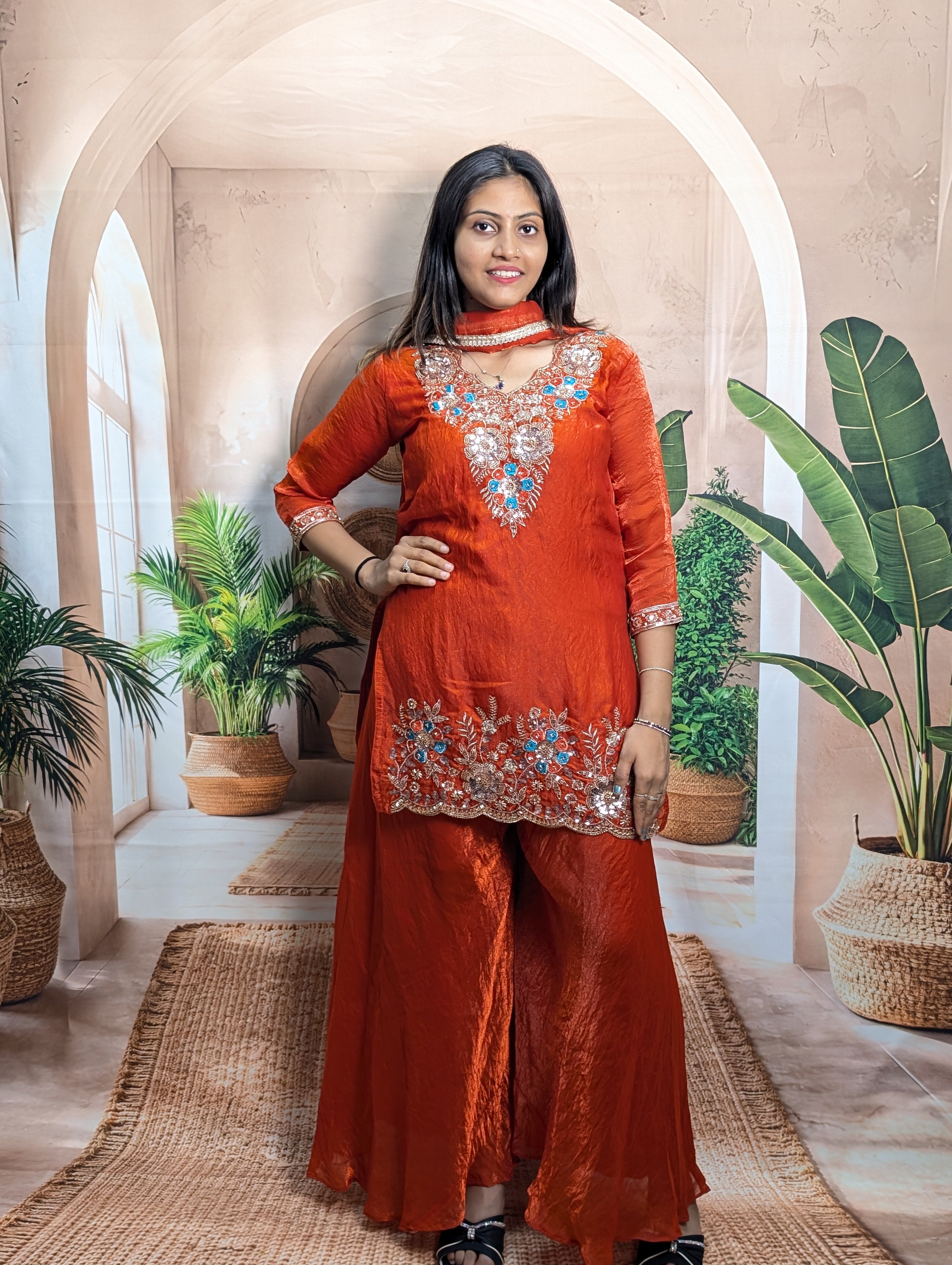 Designer rust orange heavy beaded wedding palazzo set for women in premium Fendy fabric with elegant ethnic styling
