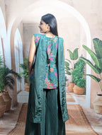 Premium elegant green position print palazzo suit back view for women with graceful ethnic fashion look
