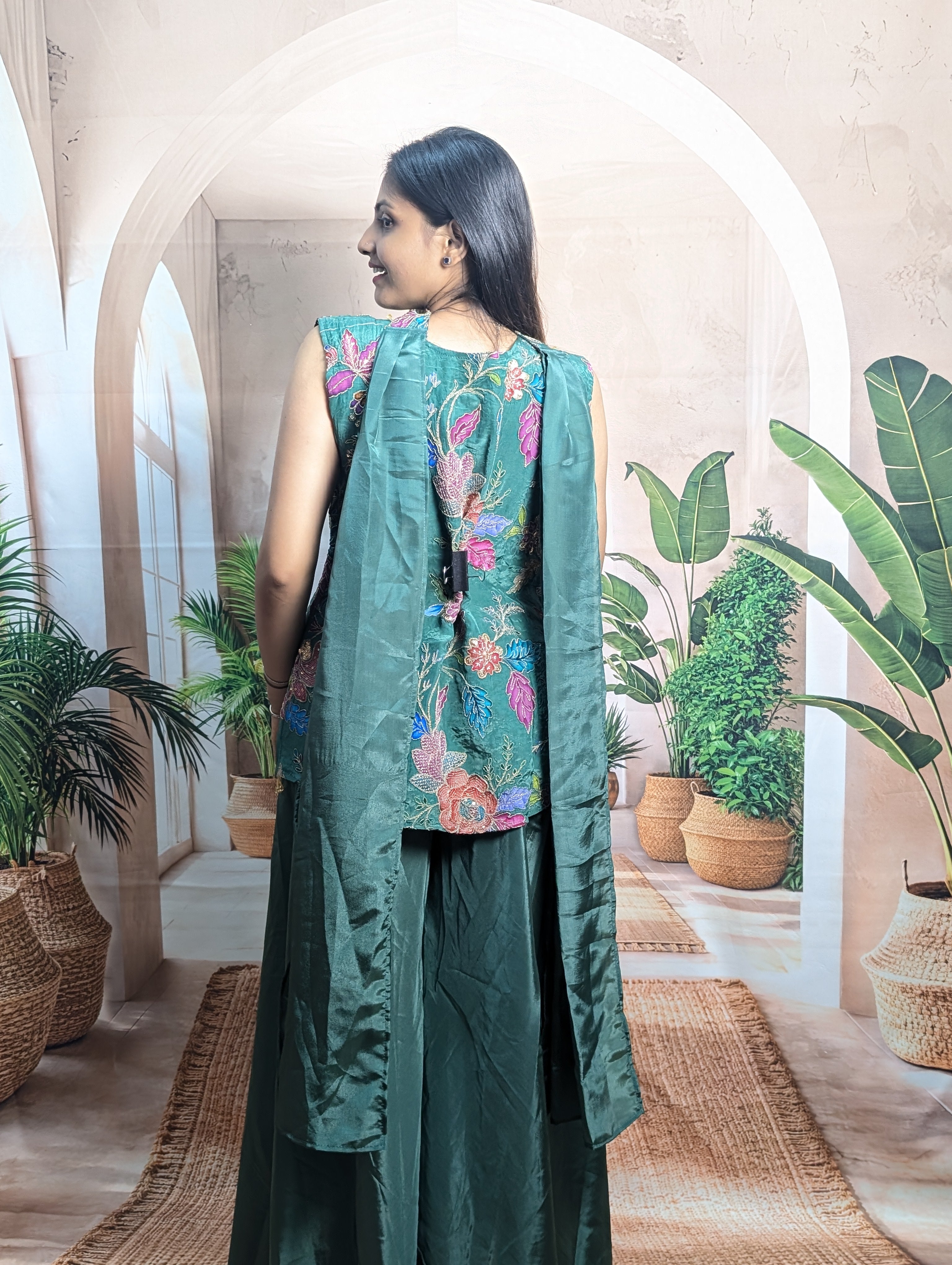 Premium elegant green position print palazzo suit back view for women with graceful ethnic fashion look