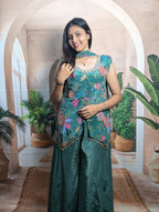 Premium elegant green position print palazzo suit full view for women with fancy dupatta and beads work