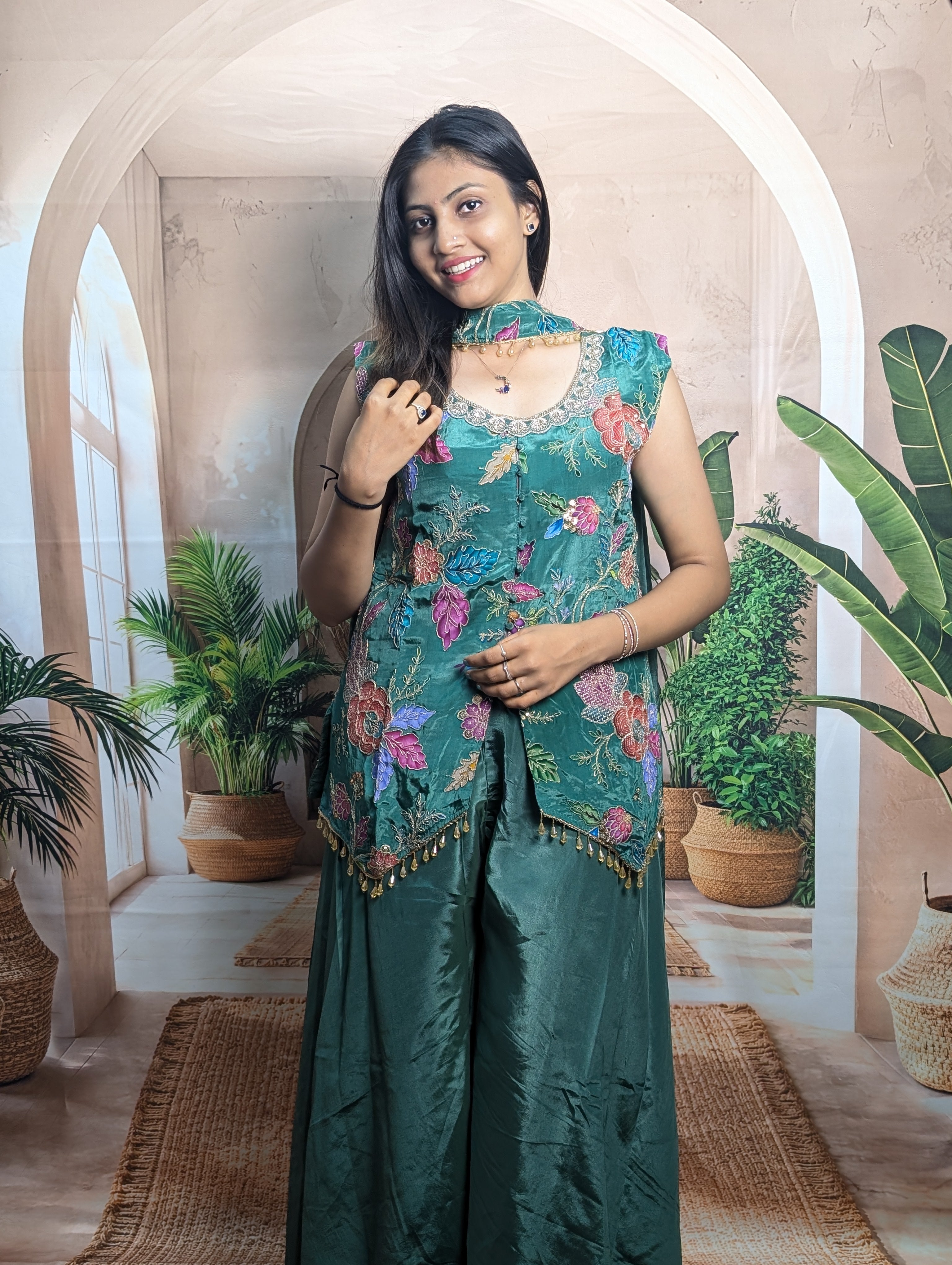 Premium elegant green position print palazzo suit full view for women with fancy dupatta and beads work