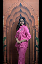 Elegant Pink Co-Ord Set Close Up Showing Premium Vartican Fabric with Elegant Embroidery Work for Women