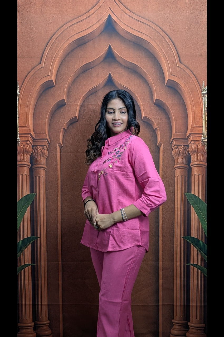 Elegant Pink Co-Ord Set Close Up Showing Premium Vartican Fabric with Elegant Embroidery Work for Women