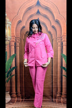 Elegant Pink Co-Ord Set for Women Casual Wear Front View in Premium Vartican Fabric with Embroidery Work