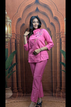 Model Wearing Elegant Pink Co-Ord Set for Women Casual Wear in Premium Vartican Fabric